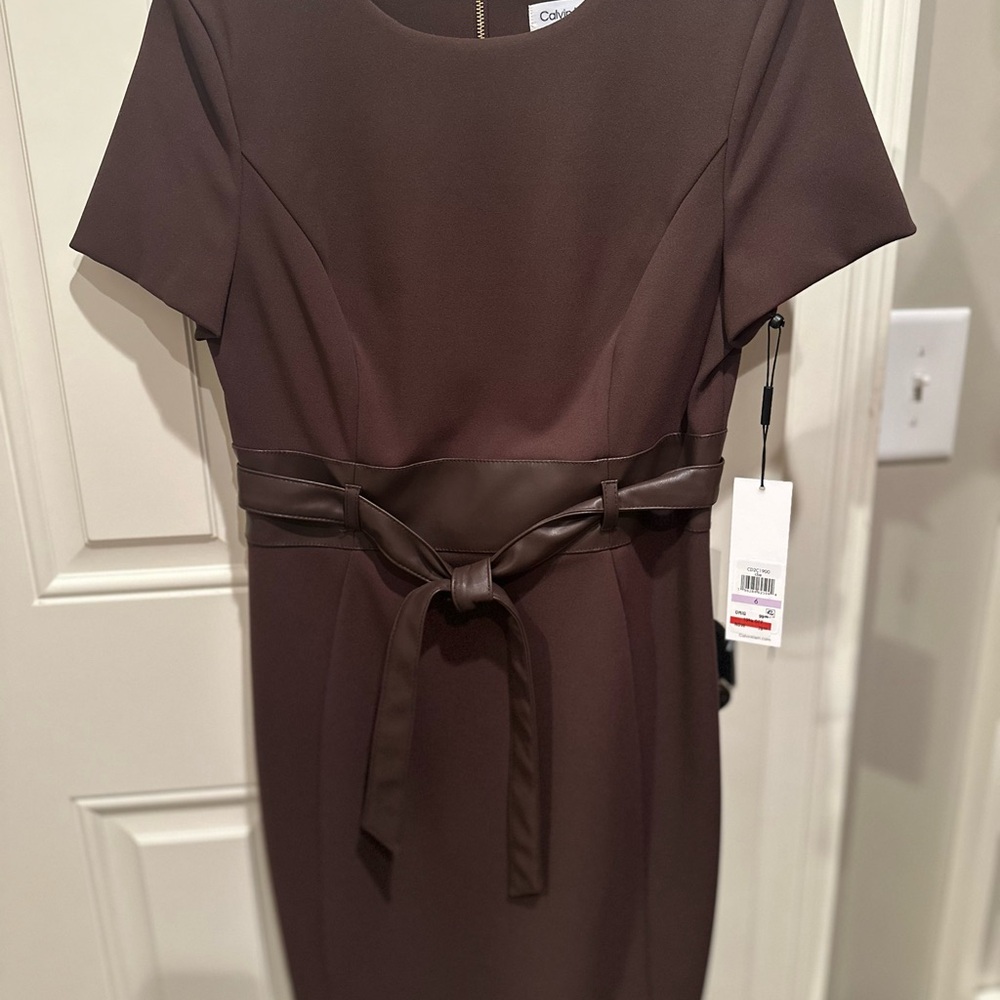 Calvin Klein Chocolate Brown Midi Dress with Tie